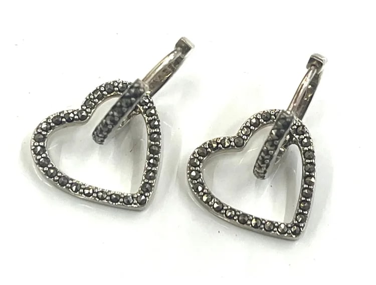 Estate Sterling Silver Marcasite Heart Hoop Earrings - 2