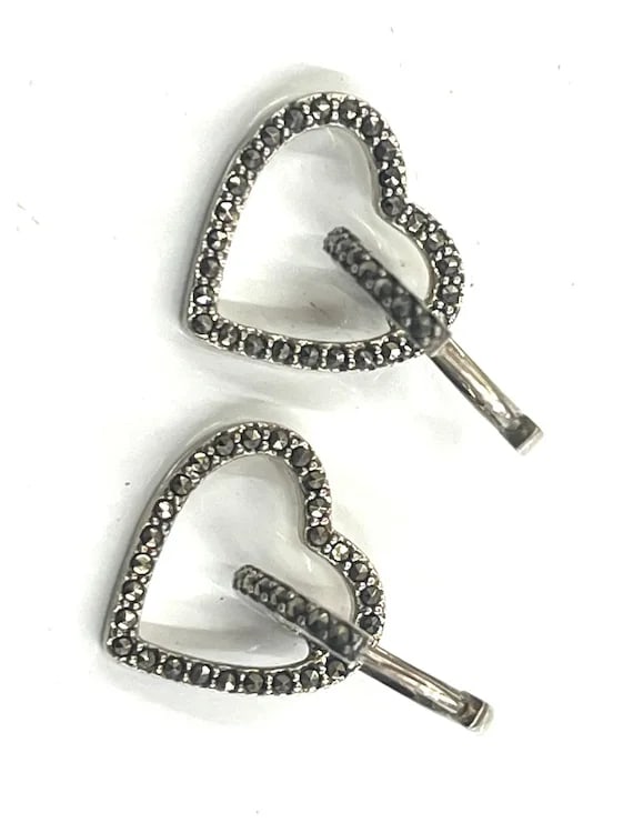 Estate Sterling Silver Marcasite Heart Hoop Earrings - 3