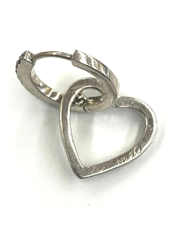 Estate Sterling Silver Marcasite Heart Hoop Earrings - 5