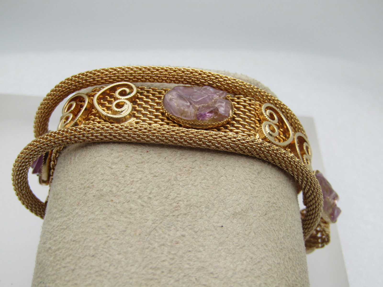 Vintage Purple Quartz Mesh Bracelet, 7", Triple Strand, 1960's-1970's: Title: Vintage Purple Quartz Mesh Bracelet, 7", Triple Strand, 1960's-1970's Description: Vintage Purple Quartz Mesh Bracelet, 7", Triple Strand, 1960's-1970's. This has a 1/2" wide center flat mesh s