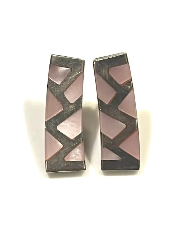 Vintage Sterling Silver and Pink Inlay Earrings - 2