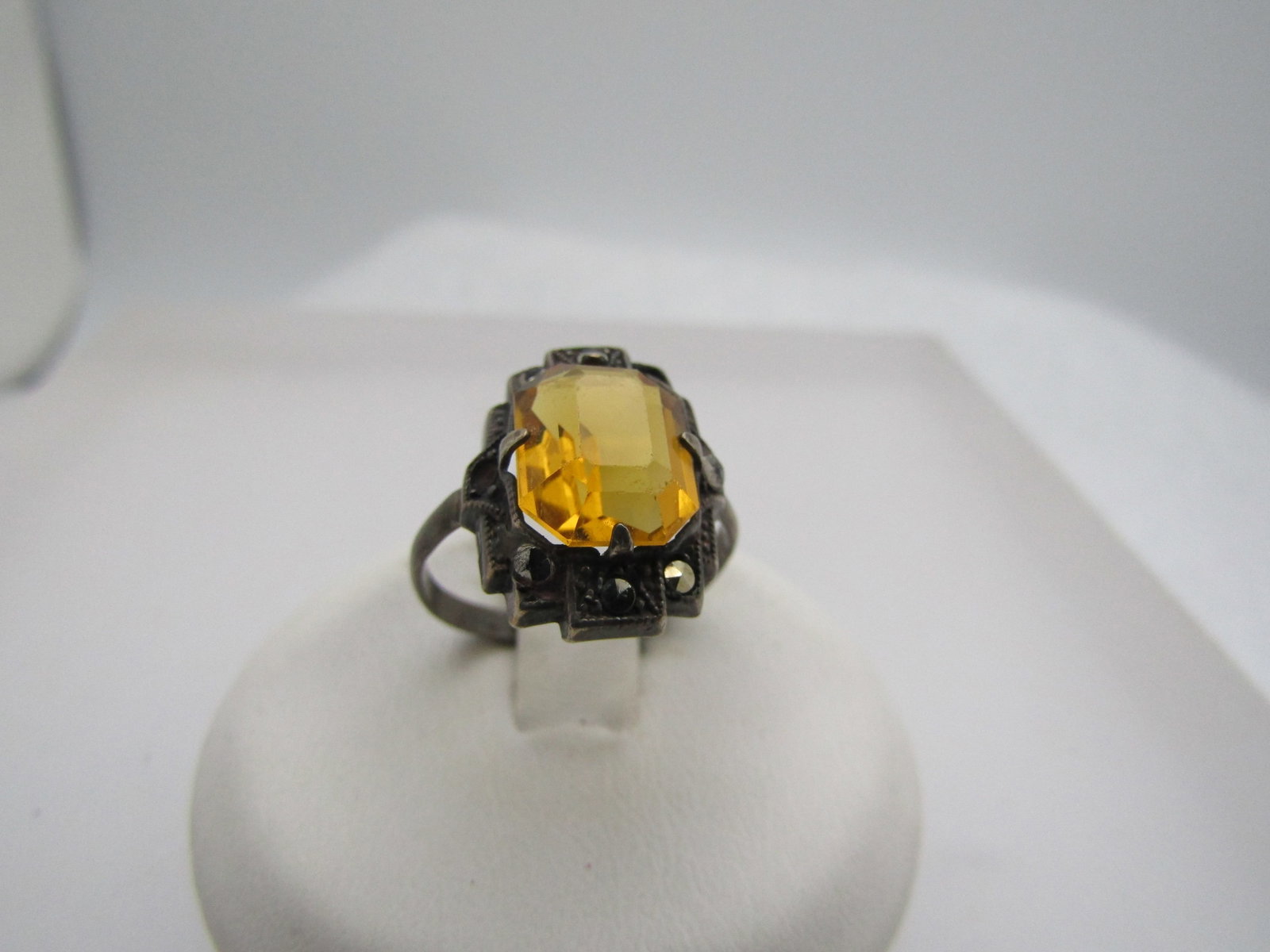Vintage Sterling Marcasite and Yellow Stone Ring, Sz. 4.5, 1920's-1930's: Title: Vintage Sterling Marcasite and Yellow Stone Ring, Sz. 4.5, 1920's-1930's Description: Vintage Sterling Marcasite and Yellow Stone Ring, Sz. 4.5, 1920's-1930's. The yellow stone is a paste stone