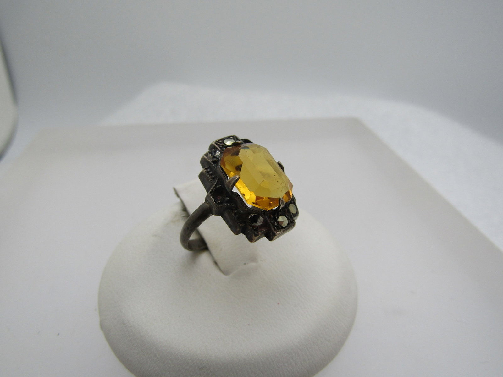 Vintage Sterling Marcasite and Yellow Stone Ring, Sz. 4.5, 1920's-1930's - 2