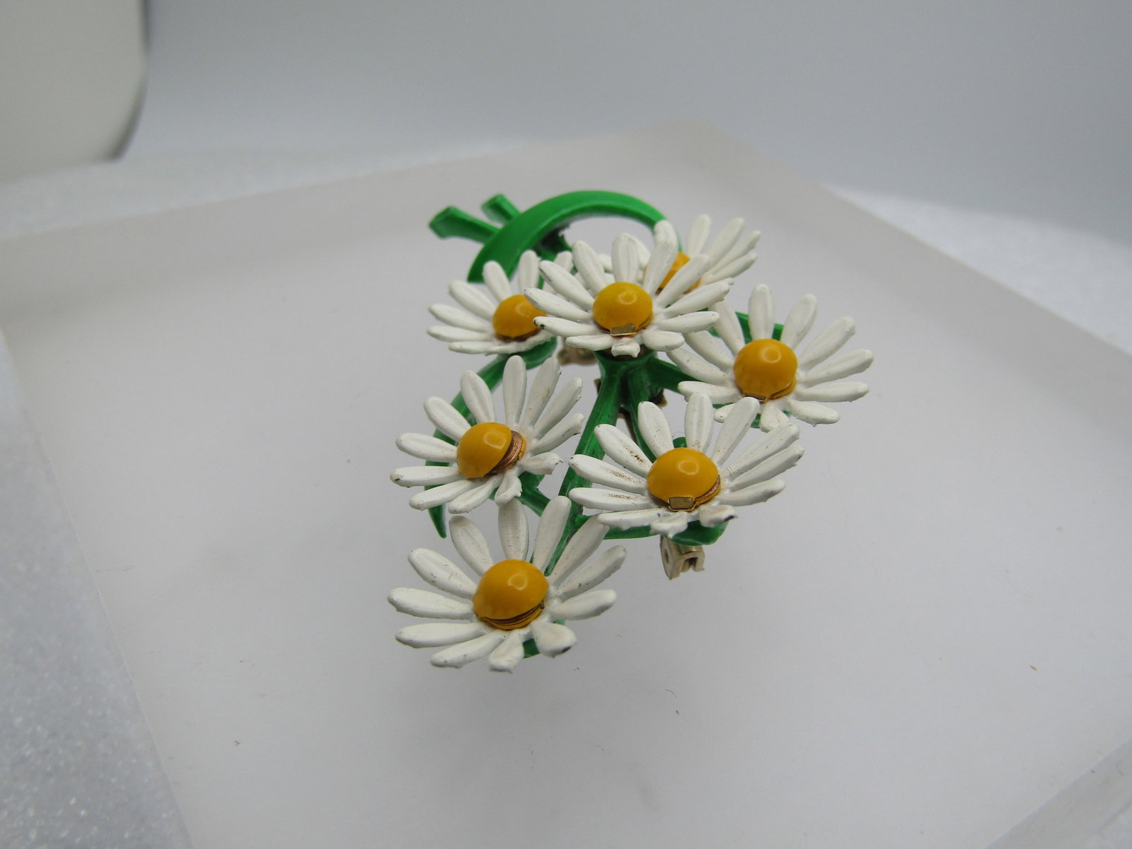 Vintage Enameled Daisy Stem Brooch, 1960's, 2.5" - 2