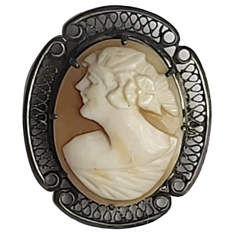 Vintage Silver Hand-Carved Shell Filigree Cameo Pin/Brooch: Title: Vintage Silver Hand-Carved Shell Filigree Cameo Pin/Brooch Description: Vintage Silver Hand-Carved Shell Filagree Cameo Pin/Brooch Date/Period: Vintage Materials: Shell Size: 1 x 1 inches Reser