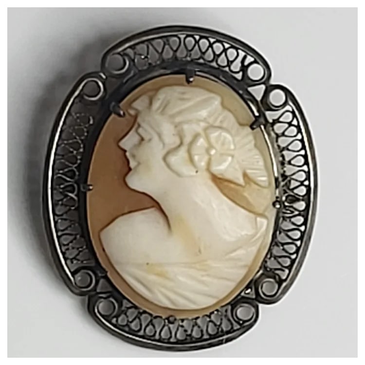 Vintage Silver Hand-Carved Shell Filigree Cameo Pin/Brooch - 2