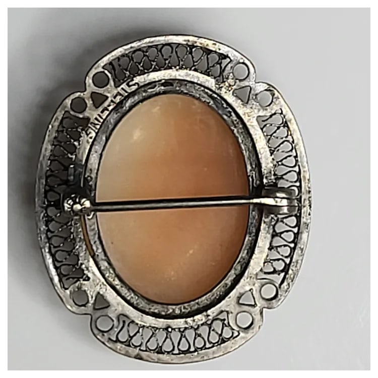 Vintage Silver Hand-Carved Shell Filigree Cameo Pin/Brooch - 3