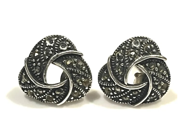 Vintage Trinity Marcasite Post Stud Sterling Silver Earrings - 2