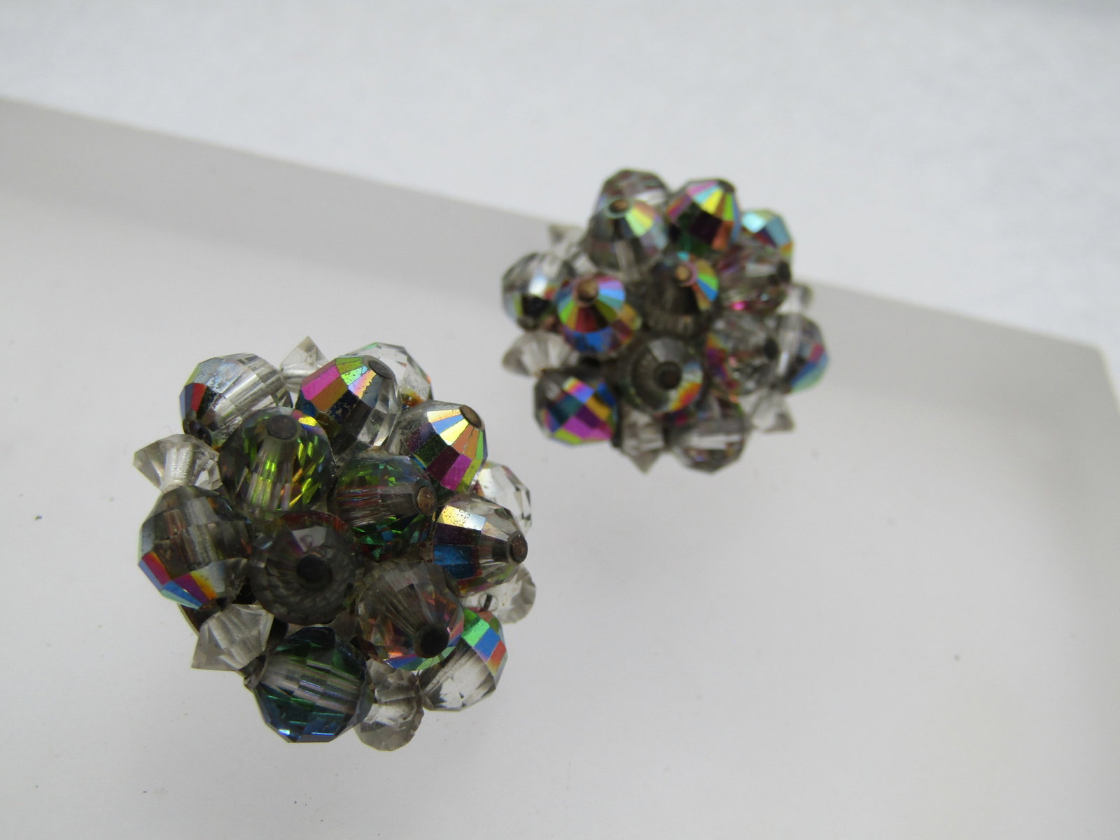 Vintage Aurora Borealis Crystal Cluster Earings, Clip, Signed Laguna, 1960's - 2