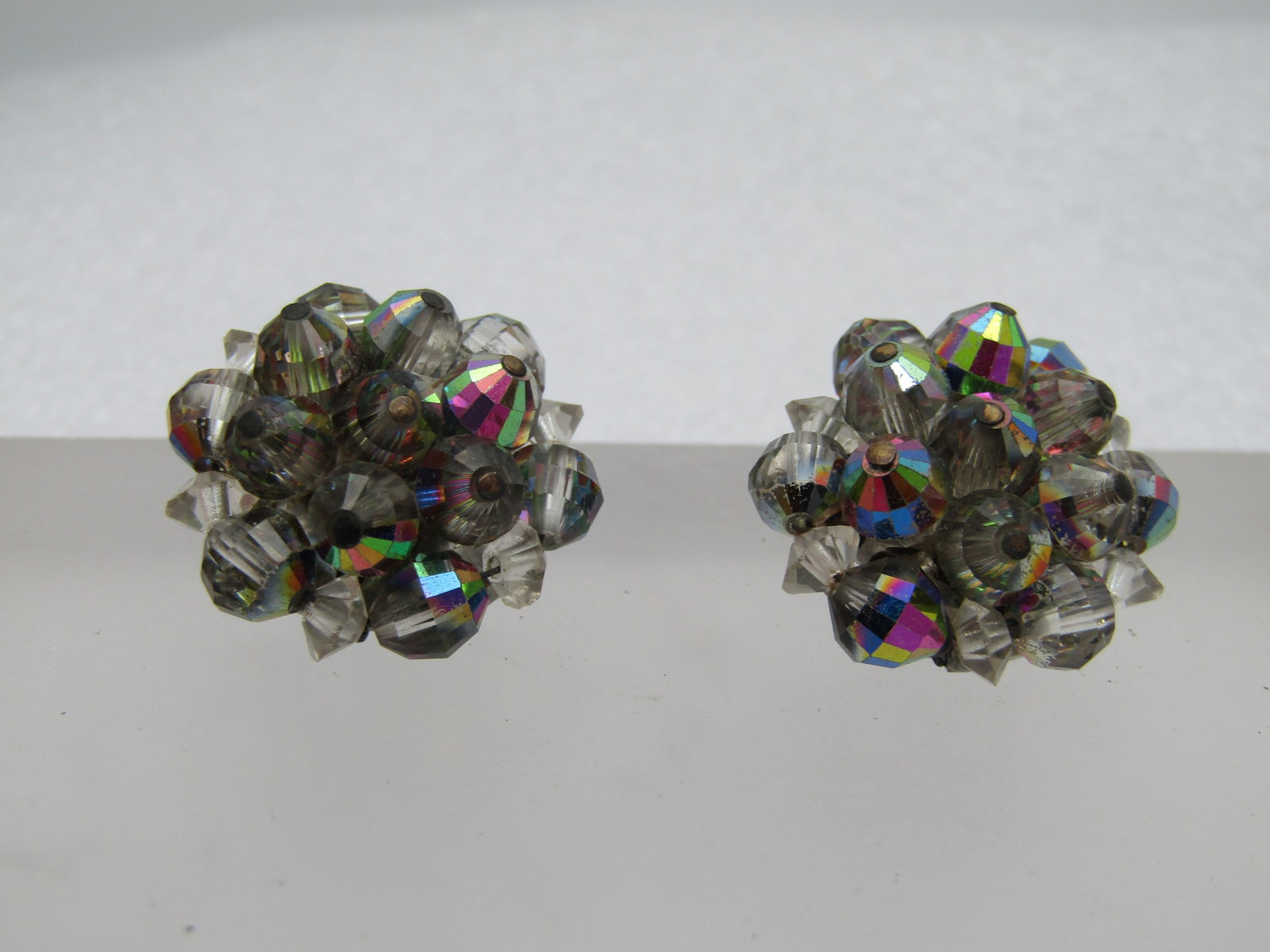 Vintage Aurora Borealis Crystal Cluster Earings, Clip, Signed Laguna, 1960's - 3