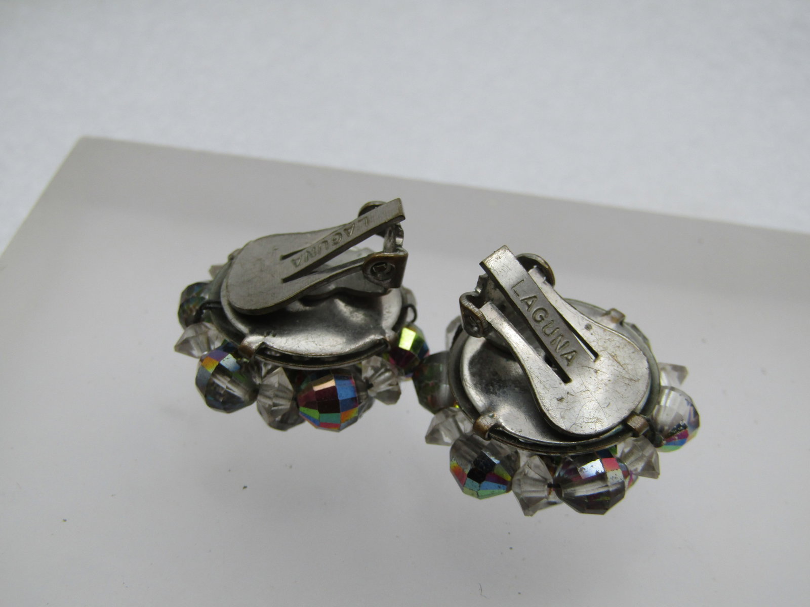 Vintage Aurora Borealis Crystal Cluster Earings, Clip, Signed Laguna, 1960's - 4