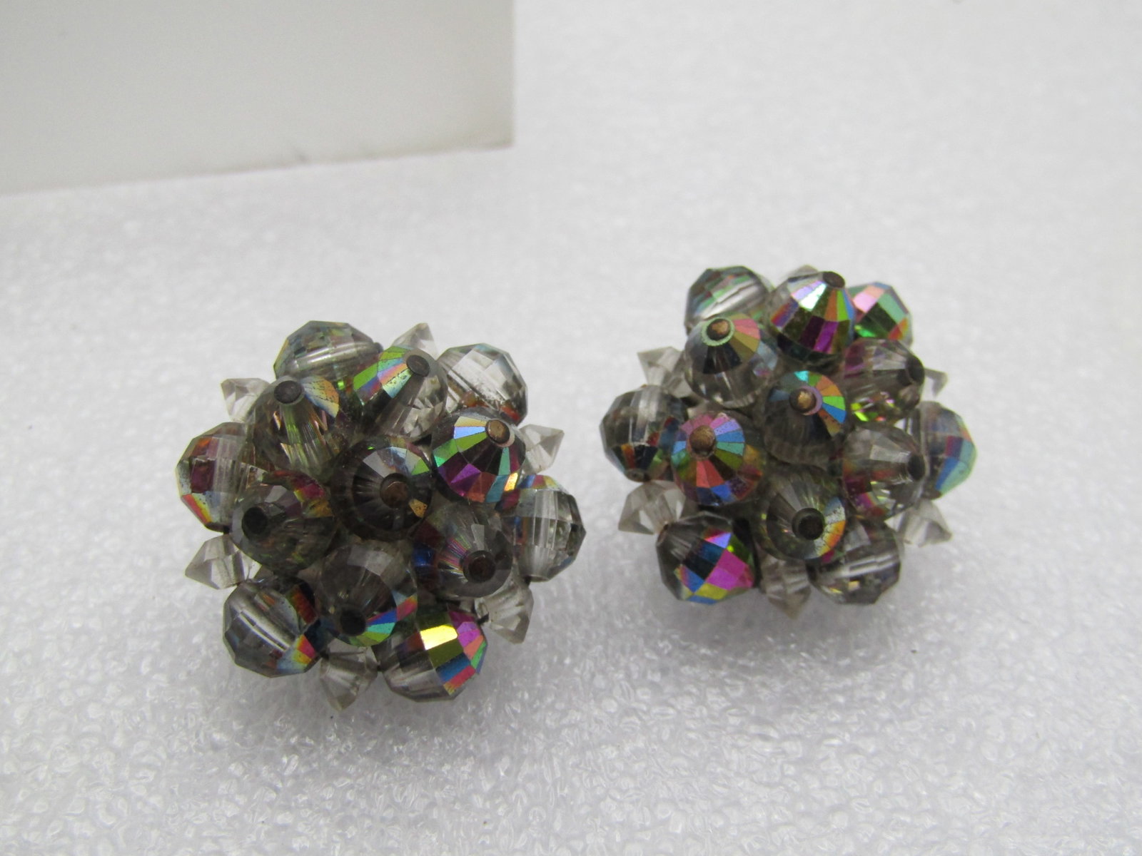 Vintage Aurora Borealis Crystal Cluster Earings, Clip, Signed Laguna, 1960's - 5