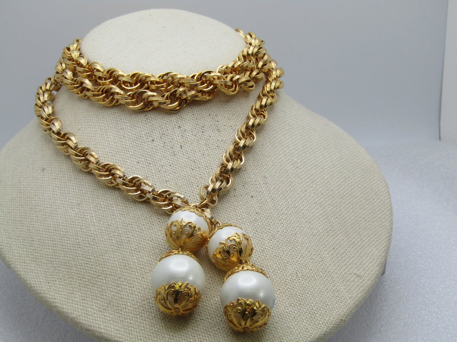 Vintage 42" Faux Pearl Necklace, Loop or Tie, Filigree Caps, 1960's-1970's - 2