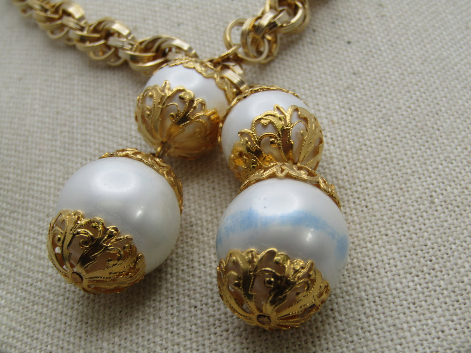 Vintage 42" Faux Pearl Necklace, Loop or Tie, Filigree Caps, 1960's-1970's - 3