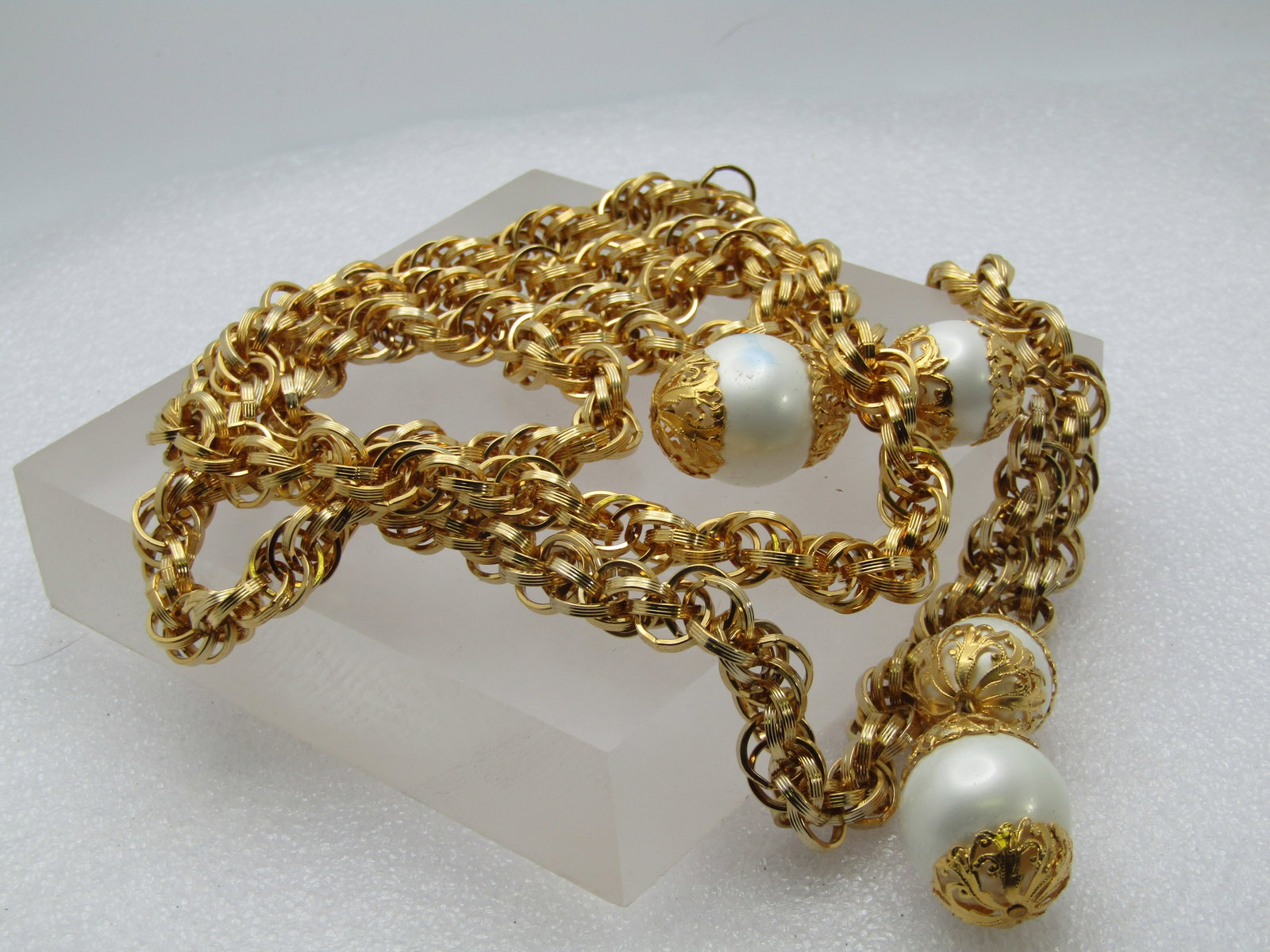 Vintage 42" Faux Pearl Necklace, Loop or Tie, Filigree Caps, 1960's-1970's - 4