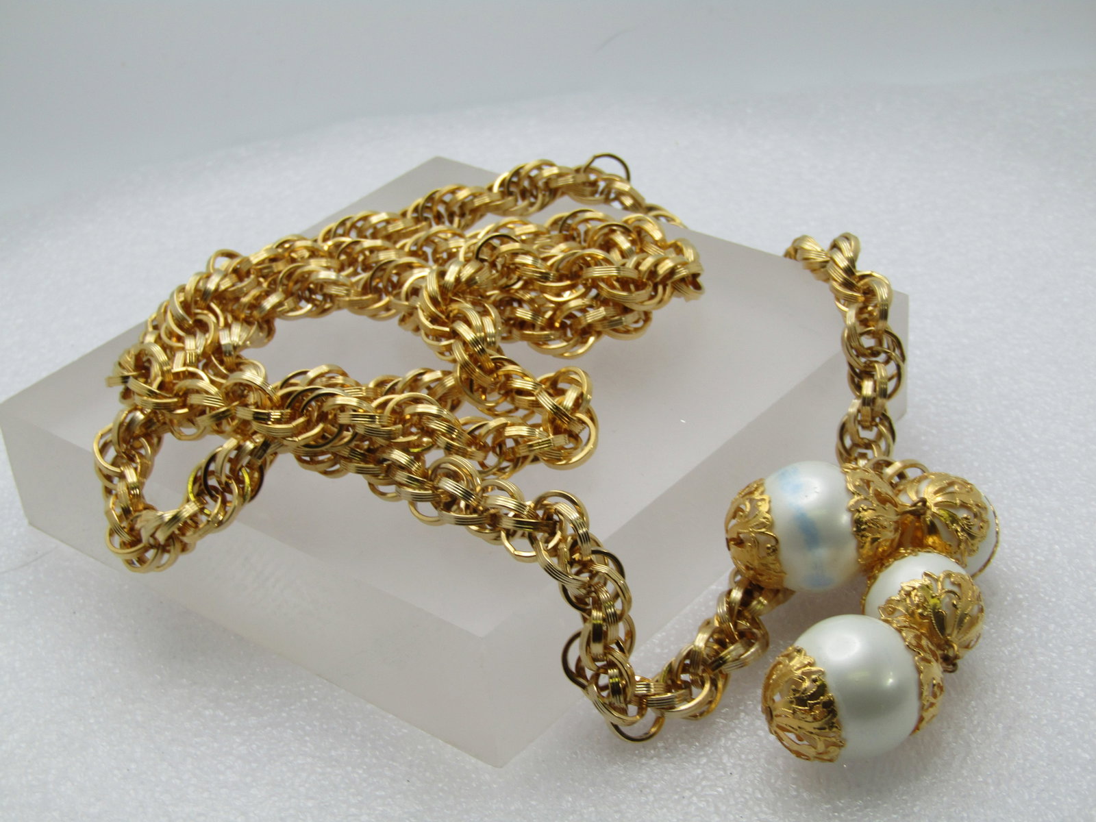 Vintage 42" Faux Pearl Necklace, Loop or Tie, Filigree Caps, 1960's-1970's - 5