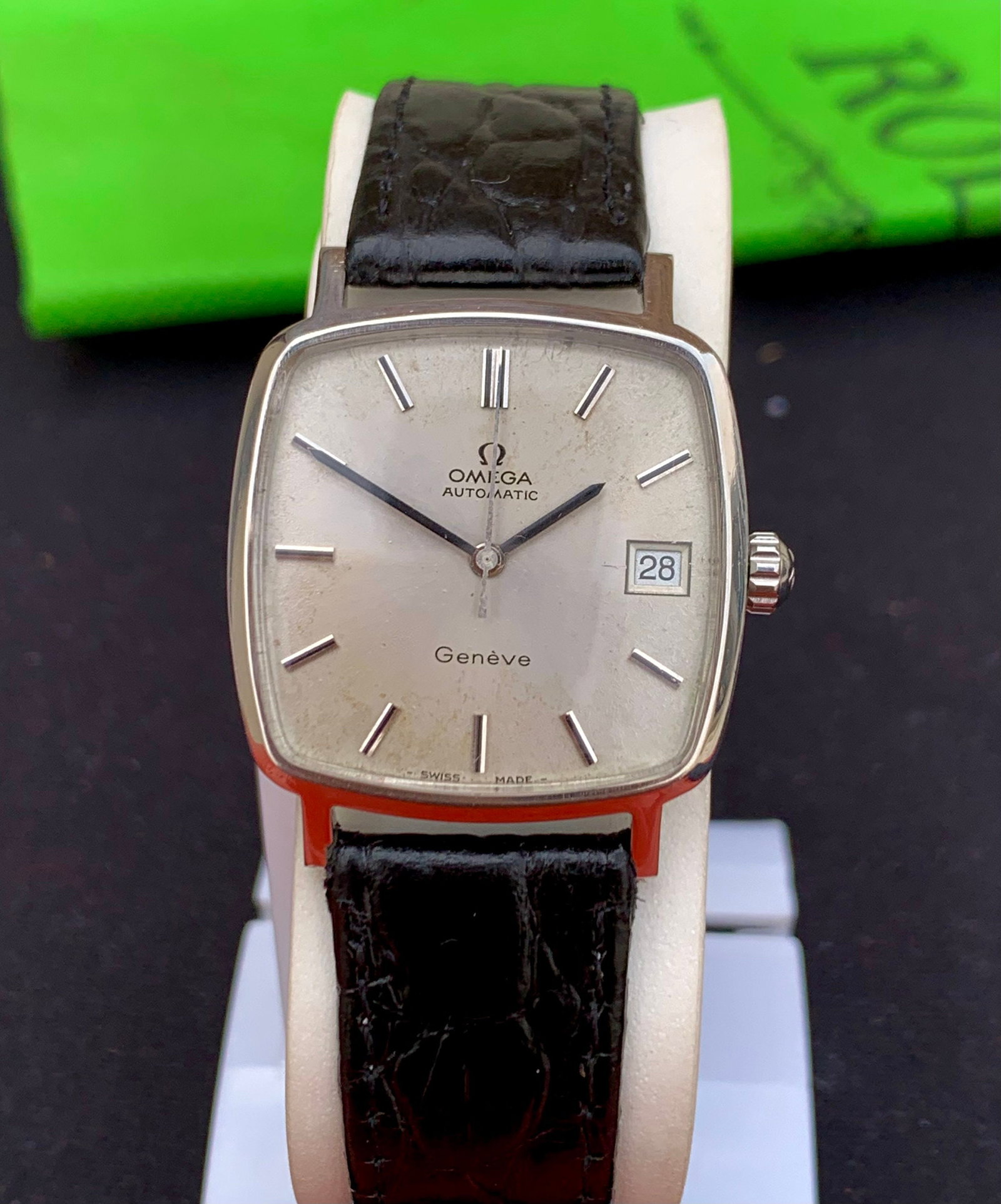 Vintage Omega Geneve Automatic Watch: English Made Dennison Stainless Steel, Black Lizard Band - 2