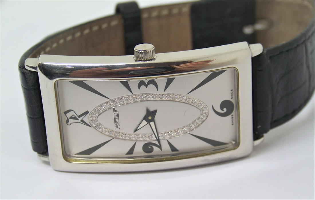 Mens Solid & Heavy Platinum Swiss REEF Watch with Diamond dial* 45 mm Long* EXLNT - 3