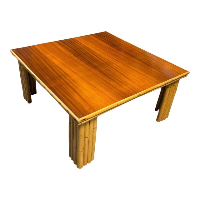 Restored Rattan & Curly Mahogany Square Coffee Table W/ Stacked Rattan Legs (1 of 6)