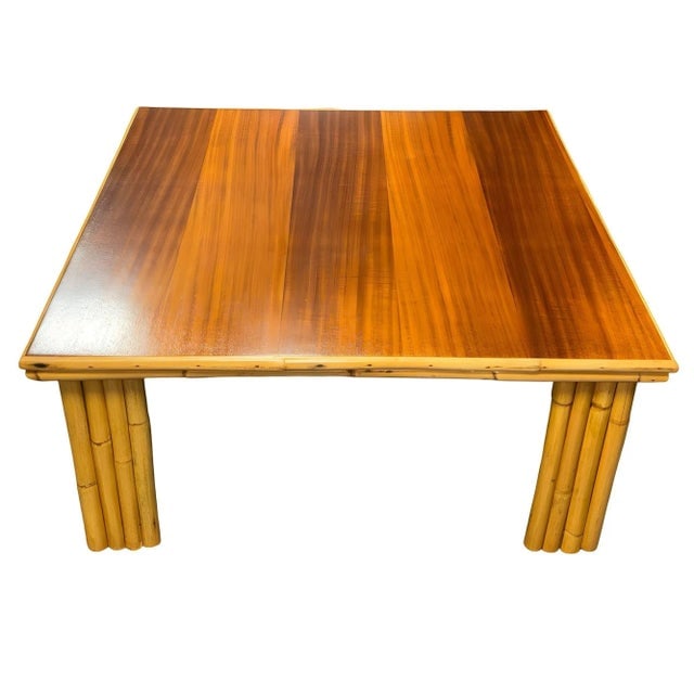 Restored Rattan & Curly Mahogany Square Coffee Table W/ Stacked Rattan Legs - 2