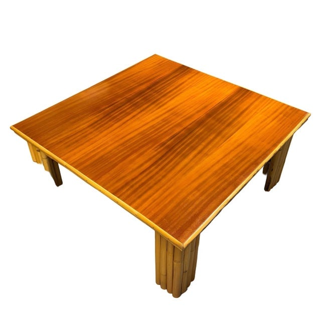 Restored Rattan & Curly Mahogany Square Coffee Table W/ Stacked Rattan Legs - 3