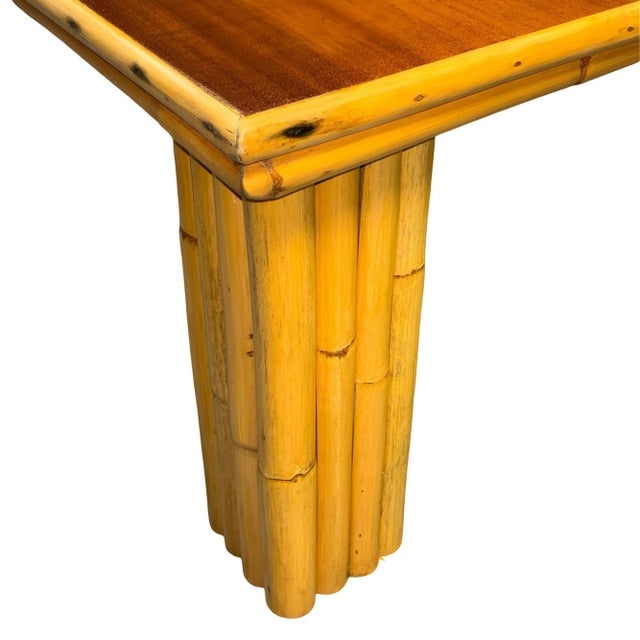 Restored Rattan & Curly Mahogany Square Coffee Table W/ Stacked Rattan Legs - 4