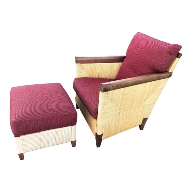 Donghia Rattan Lounge Chair & Ottoman by John Hutton, the Merbau Collection: Title: Donghia Rattan Lounge Chair & Ottoman by John Hutton, the Merbau Collection Description: A stunning brown mahogany organic modern rush cane lounge chair with ottoman from the limited