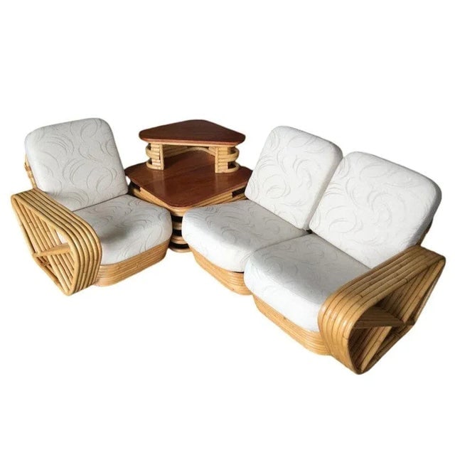 Restored MCM 6-Strand Square Pretzel 3 Seat Rattan Corner Sofa W/ Table - 2