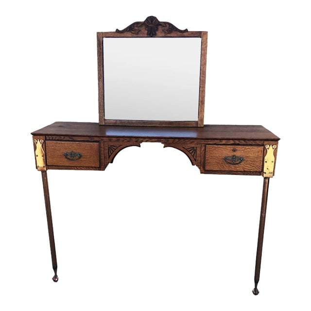 1900s Edwardian Clawfoot Oak Wall Mount Vanity With Mirror (1 of 9)
