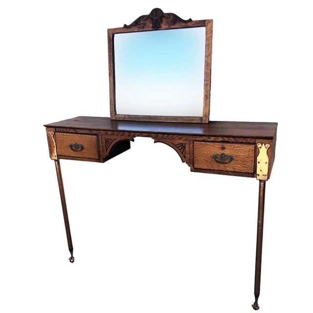 1900s Edwardian Clawfoot Oak Wall Mount Vanity With Mirror - 2