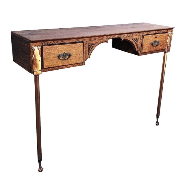 1900s Edwardian Clawfoot Oak Wall Mount Vanity With Mirror - 3