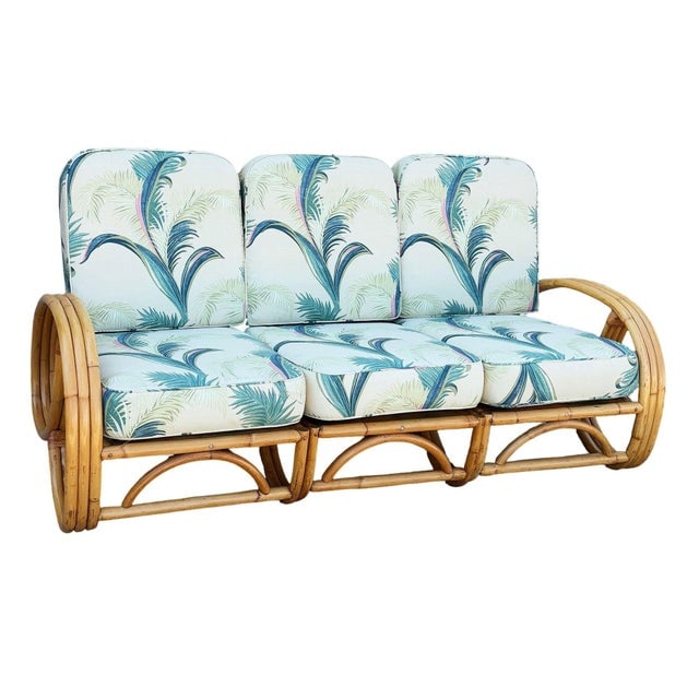 1950s Restored Mid-Century 3-Strand 3/4 Round Pretzel Arm Rattan Sectional 3-Seat Sofa - 2