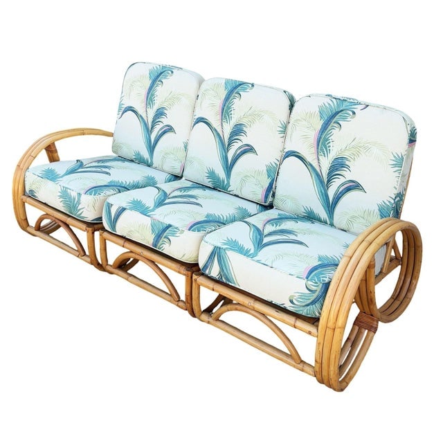1950s Restored Mid-Century 3-Strand 3/4 Round Pretzel Arm Rattan Sectional 3-Seat Sofa - 3
