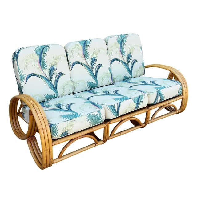 1950s Restored Mid-Century 3-Strand 3/4 Round Pretzel Arm Rattan Sectional 3-Seat Sofa - 4