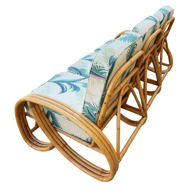 1950s Restored Mid-Century 3-Strand 3/4 Round Pretzel Arm Rattan Sectional 3-Seat Sofa - 7