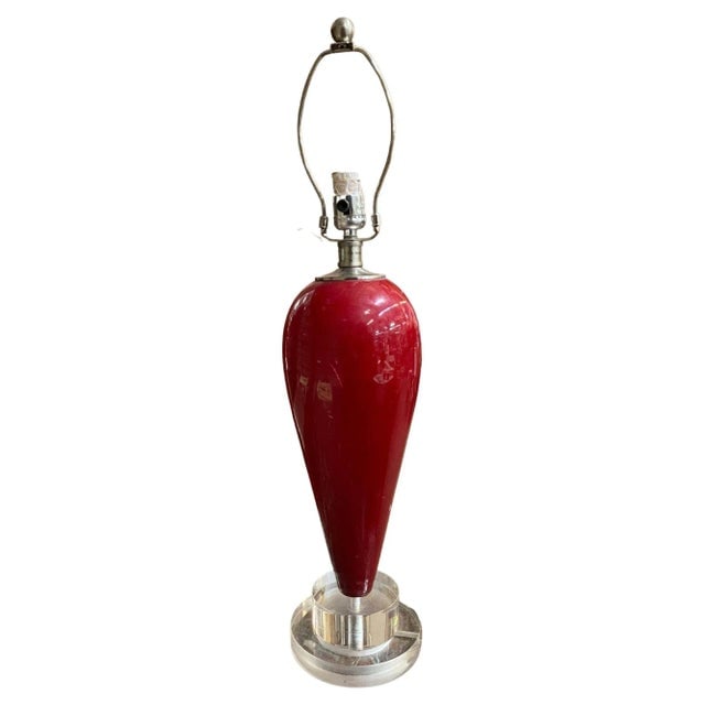 90s Pair of Red Ceramic Tear Drop Shaped Table Lamp With Acrylic Base - 2