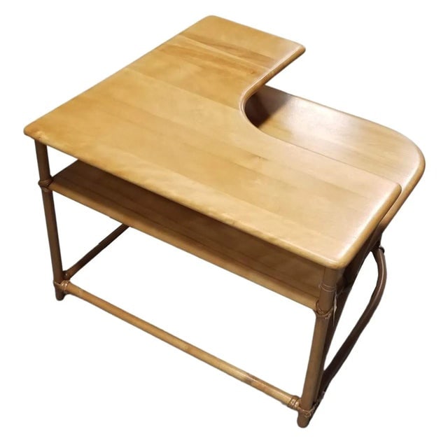 Restored MCM Maple & Faux Rattan "L" Shaped Corner Table by Heywood Wakefield - 2