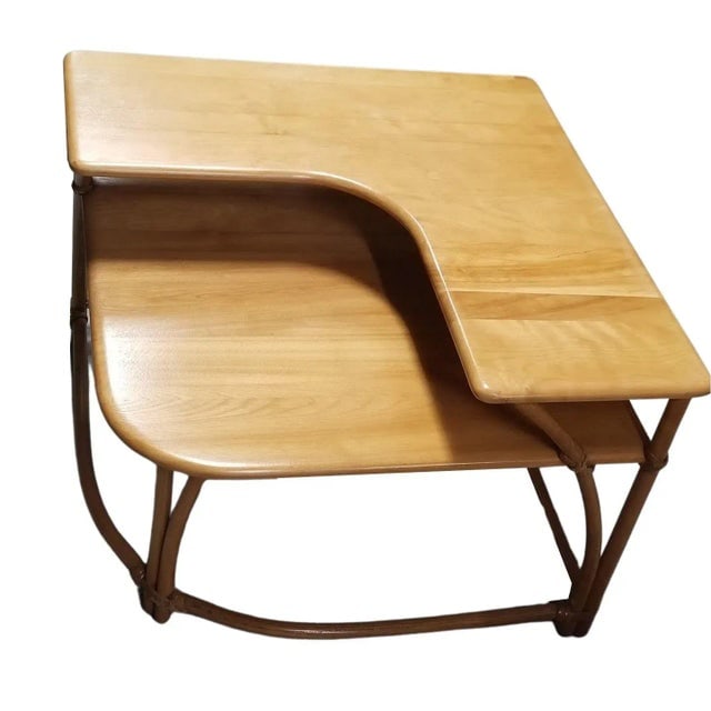 Restored MCM Maple & Faux Rattan "L" Shaped Corner Table by Heywood Wakefield - 3