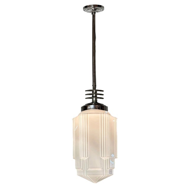1930s Art Deco Chrome Streamline Pendant Light W/ Skyscraper Milk Glass Shade - 2