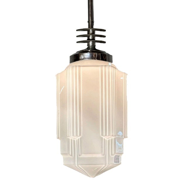 1930s Art Deco Chrome Streamline Pendant Light W/ Skyscraper Milk Glass Shade - 3