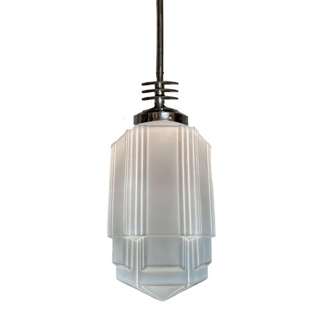1930s Art Deco Chrome Streamline Pendant Light W/ Skyscraper Milk Glass Shade - 4