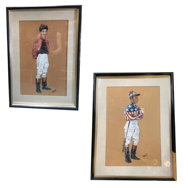 1950s Pastel on Paper Horse Racing Jockey by Hagulaton - a Pair - 10