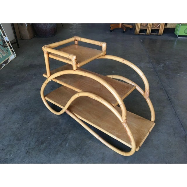 1950s Restored Rattan "Double S" Side Table With Three-Tier Mahogany Tops - a Pair - 4