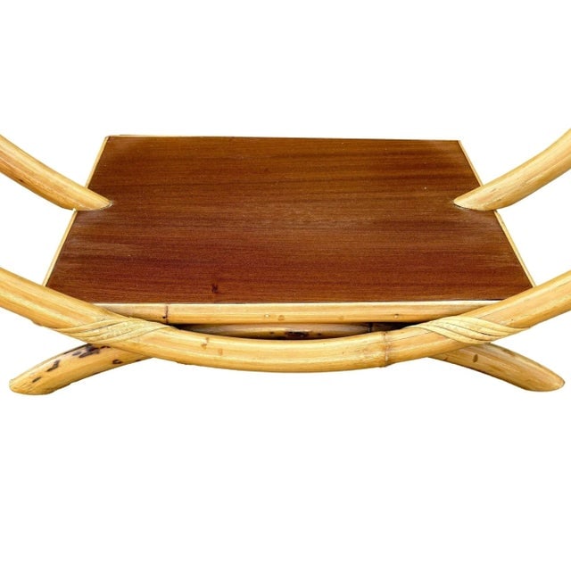 1940s Restored Rattan Boat Shaped Coffee Table With Mahogany Shelf - 4