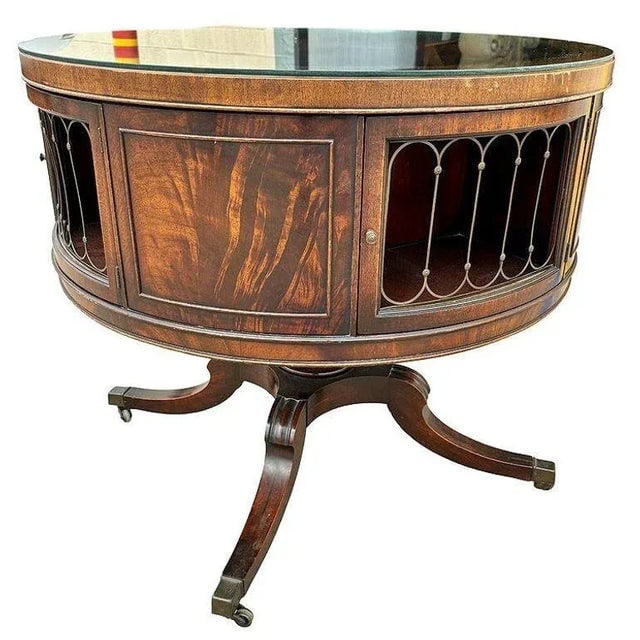 1940s Mahogany & Brass Round Drum Coffee Table W/ Inlaid Leather by Weiman (Signed) - 2