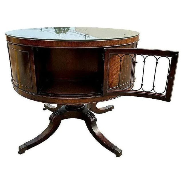 1940s Mahogany & Brass Round Drum Coffee Table W/ Inlaid Leather by Weiman (Signed) - 3