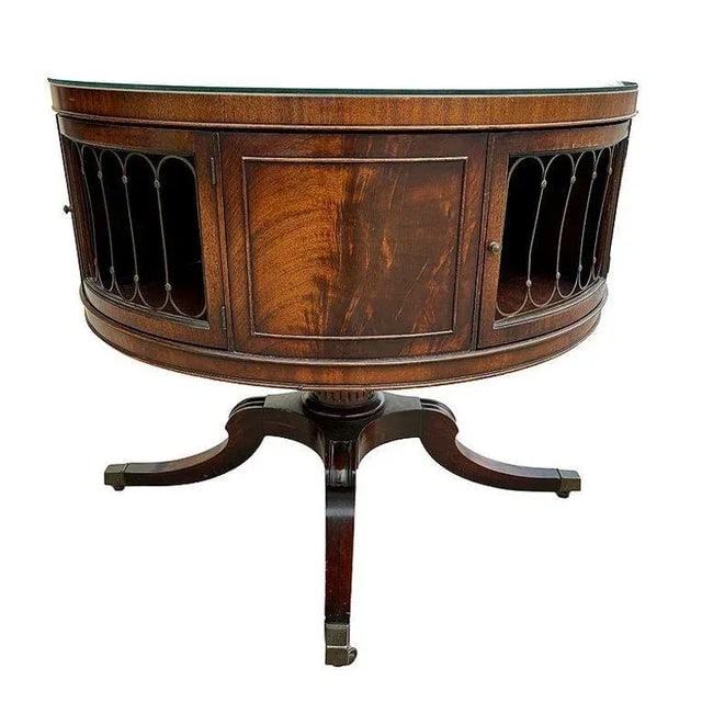 1940s Mahogany & Brass Round Drum Coffee Table W/ Inlaid Leather by Weiman (Signed) - 4