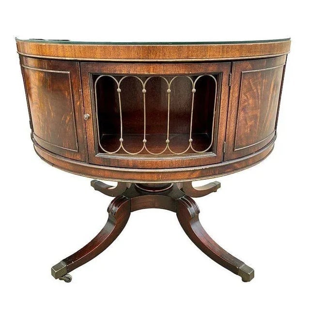 1940s Mahogany & Brass Round Drum Coffee Table W/ Inlaid Leather by Weiman (Signed) - 5