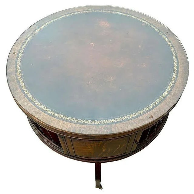 1940s Mahogany & Brass Round Drum Coffee Table W/ Inlaid Leather by Weiman (Signed) - 6