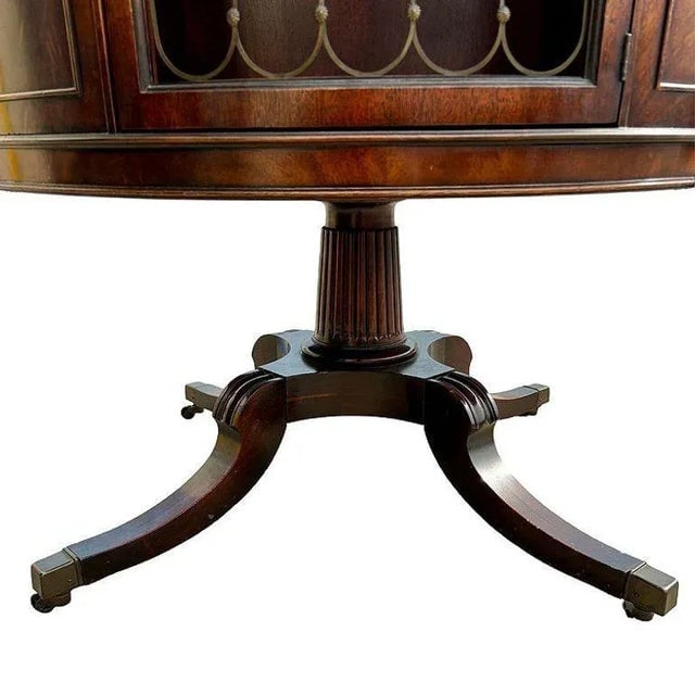 1940s Mahogany & Brass Round Drum Coffee Table W/ Inlaid Leather by Weiman (Signed) - 8
